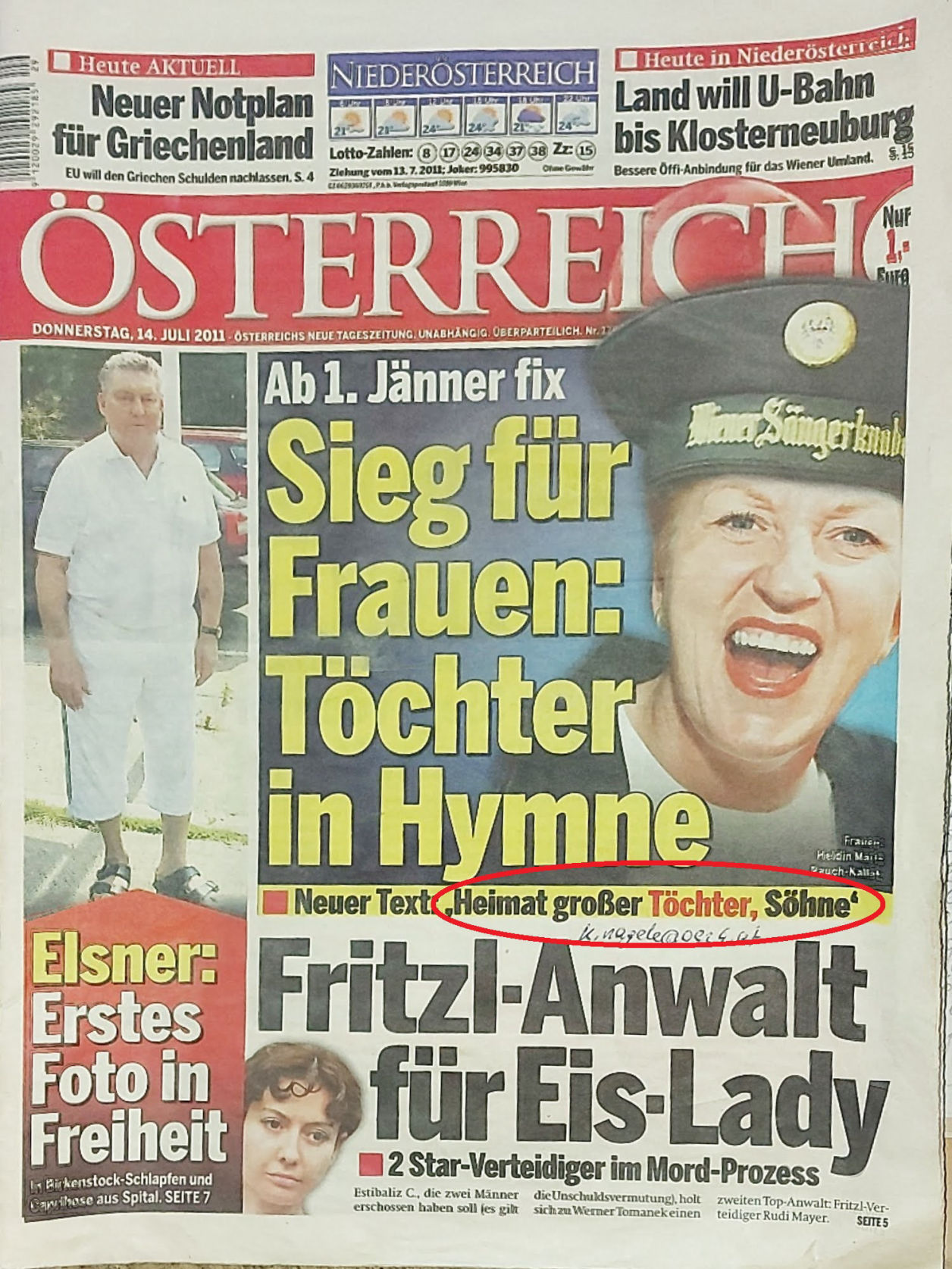 Zeitung Österreich, Österreich, Sieg für Frauen, Töchter in Hymne