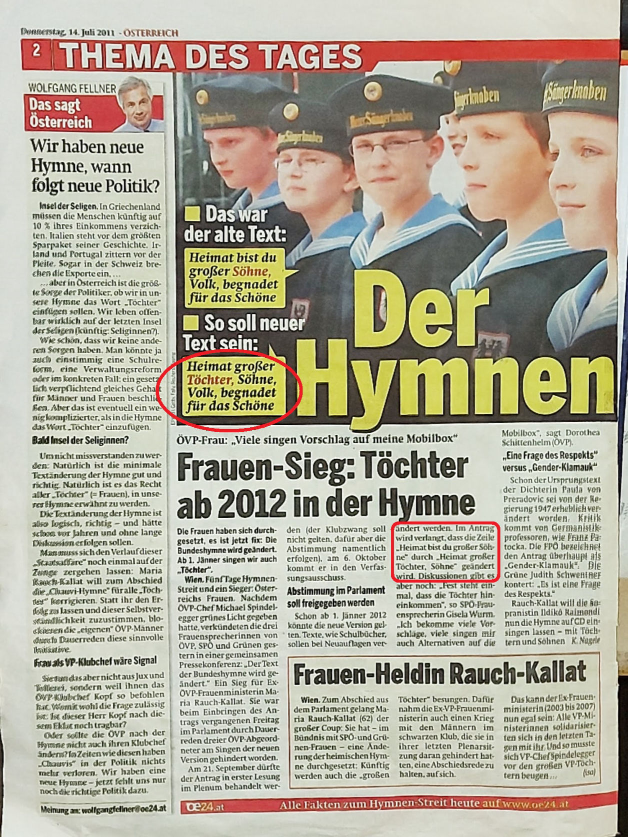 Zeitung Österreich, Österreich, Sieg für Frauen, Töchter ab 2012 in der Hymne, Rauch-Kallat