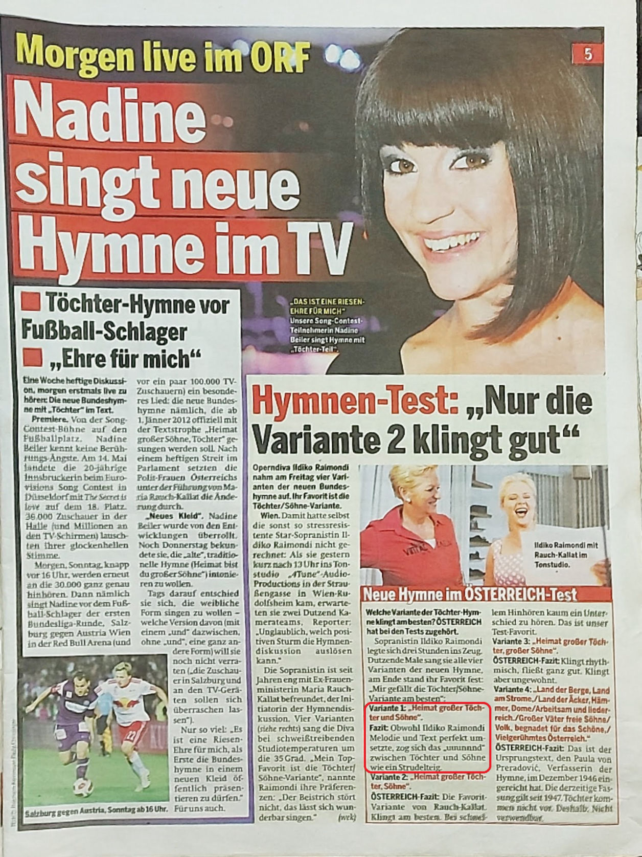 Nadine singt neue Hymne im TV, Hymnen Test, Rauch-Kallat